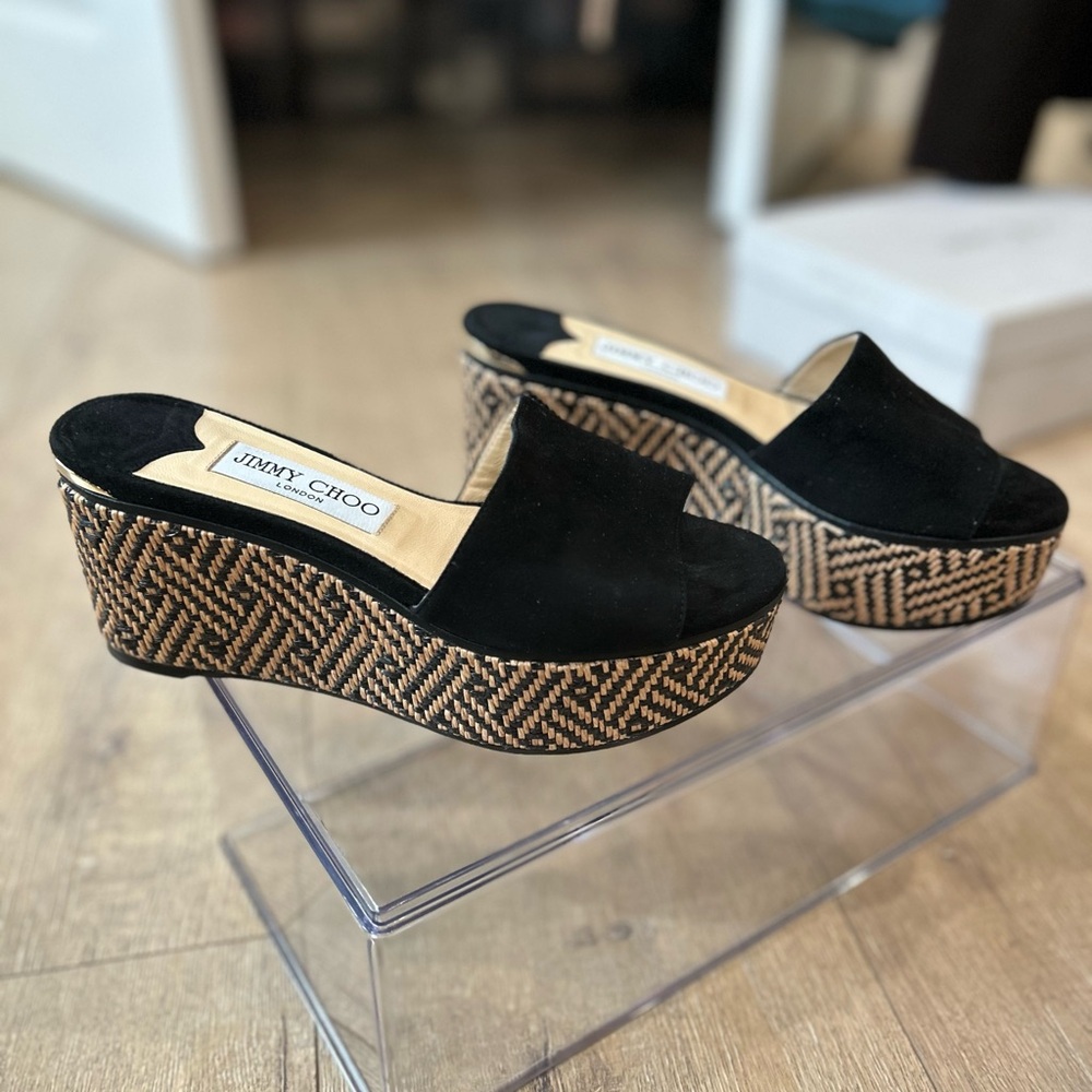 Black Suede Jimmy Choo Rafia mule wedge